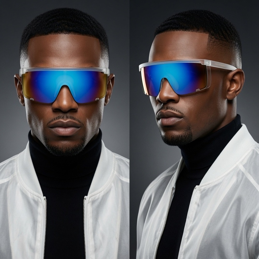 Shield Sunglasses Men Blue Mirror Lens Clear Frame Oversized Flat Top Safety New